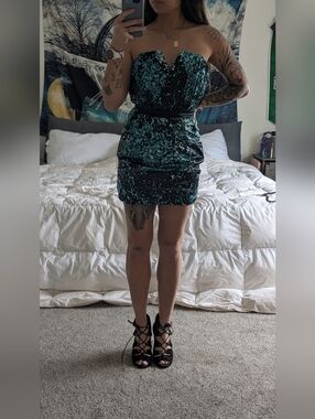 Strapless Teal and Black Velvet Bodycon Dress